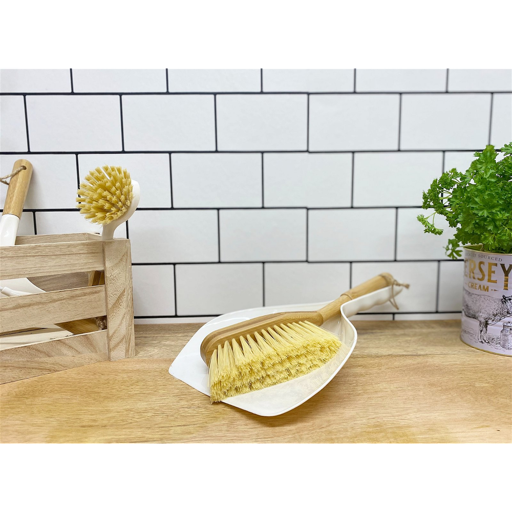 Cream Dustpan & Bamboo Wooden Brush