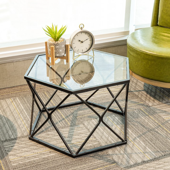 Hexagon Tempered Glass Black Coffee Side Table (Big) - SLENDER