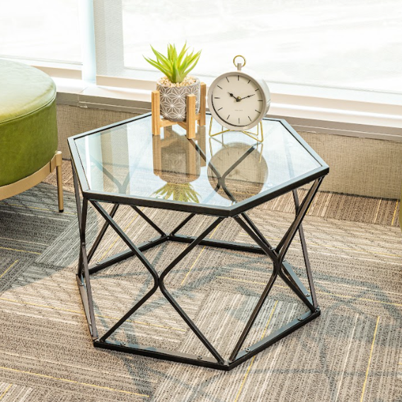 Hexagon Tempered Glass Black Coffee Side Table (Big) - SLENDER