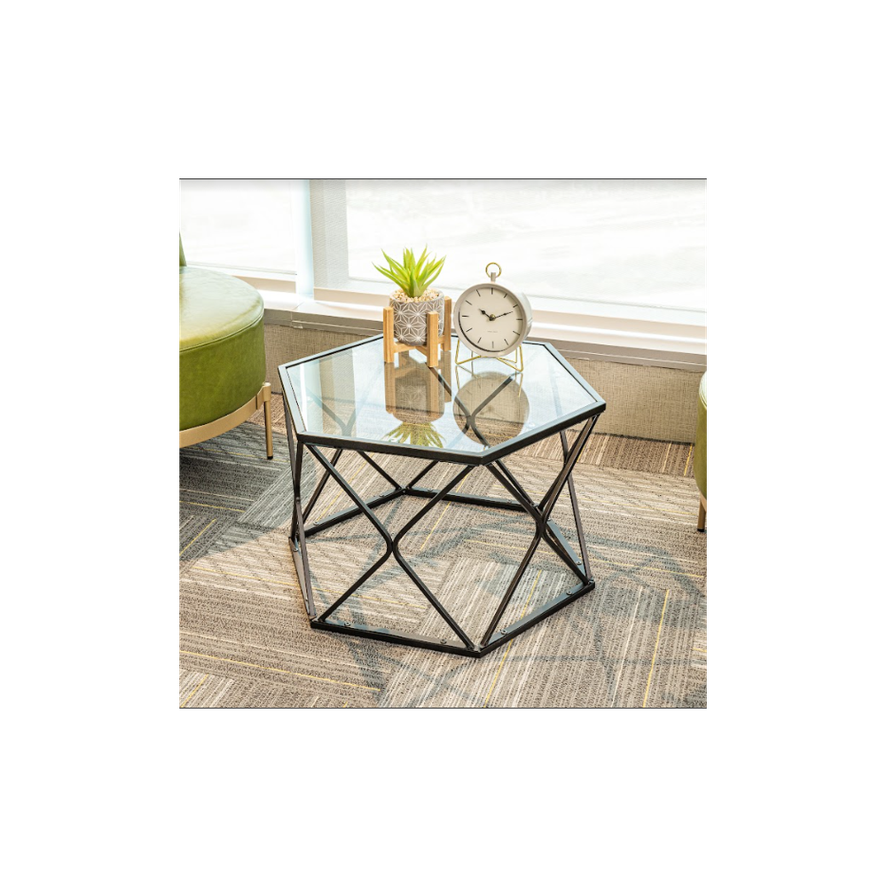 Hexagon Tempered Glass Black Coffee Side Table (Big) - SLENDER