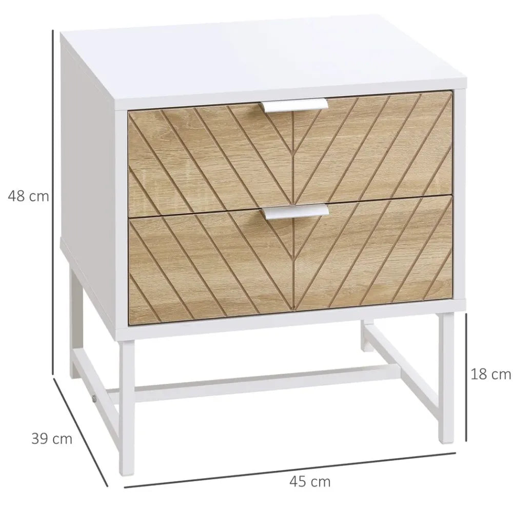 Modern Bedside Table with 2 Drawers — White and Oak