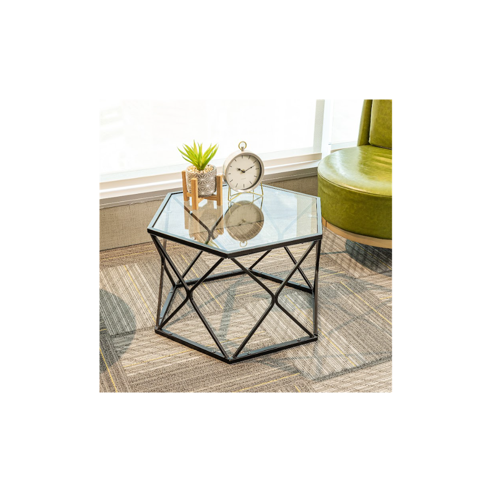 Hexagon Tempered Glass Black Coffee Side Table (Big) - SLENDER
