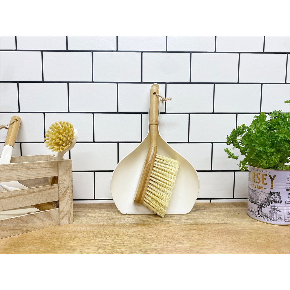 Cream Dustpan & Bamboo Wooden Brush
