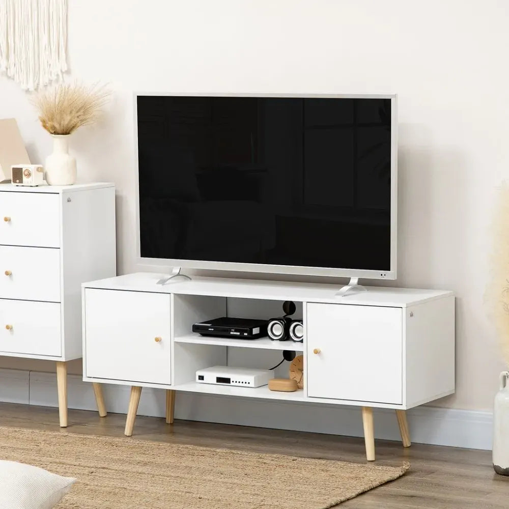 TV Stand Cabinet with Cable Management and Wood Legs