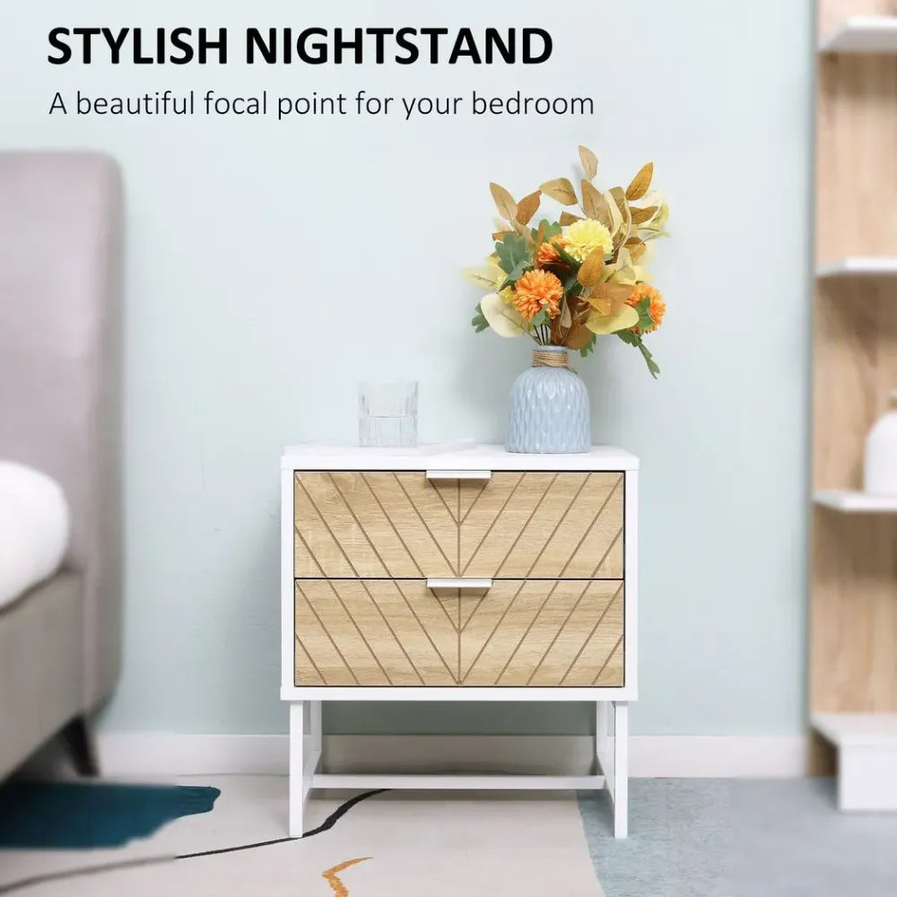 Modern Bedside Table with 2 Drawers — White and Oak