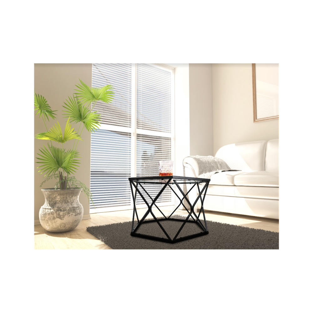 Hexagon Tempered Glass Black Coffee Side Table (Big) - SLENDER