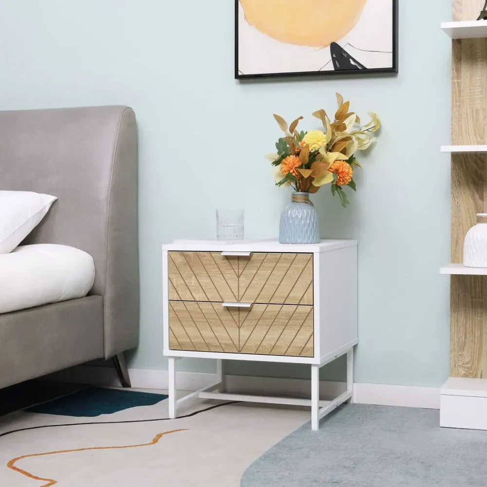Modern Bedside Table with 2 Drawers — White and Oak