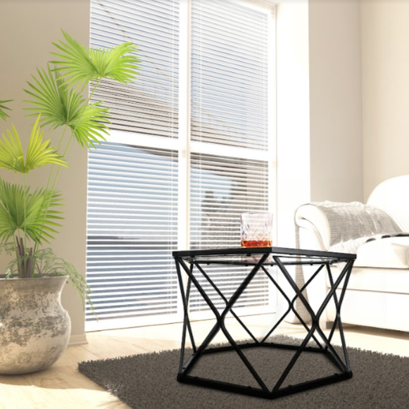 Hexagon Tempered Glass Black Coffee Side Table (Big) - SLENDER