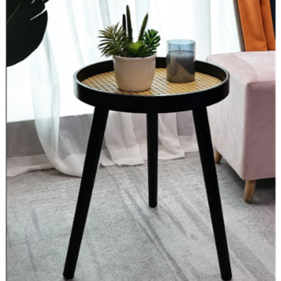 Cane Round Side Table — Black