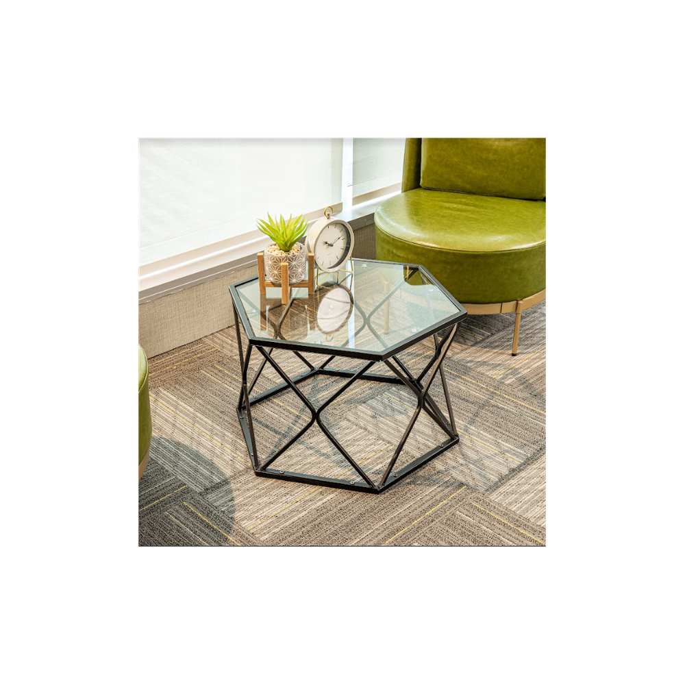 Hexagon Tempered Glass Black Coffee Side Table (Big) - SLENDER