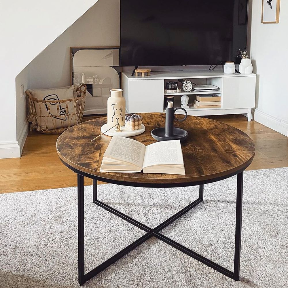 Industrial Round Side Table with Metal Frame