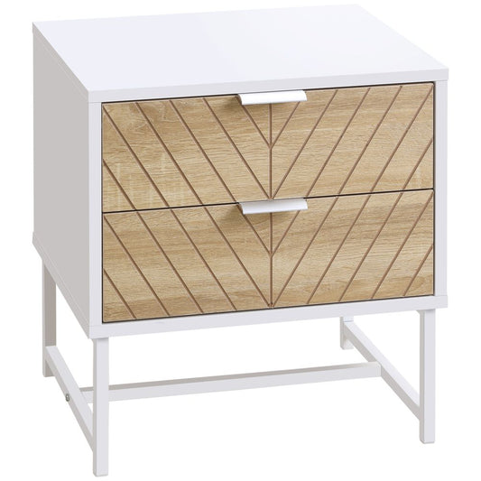 Modern Bedside Table with 2 Drawers — White and Oak
