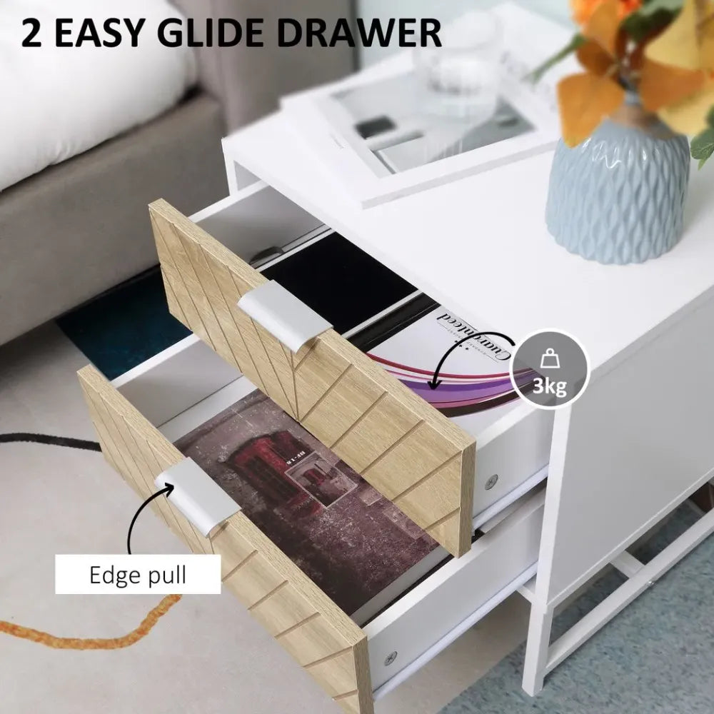 Modern Bedside Table with 2 Drawers — White and Oak
