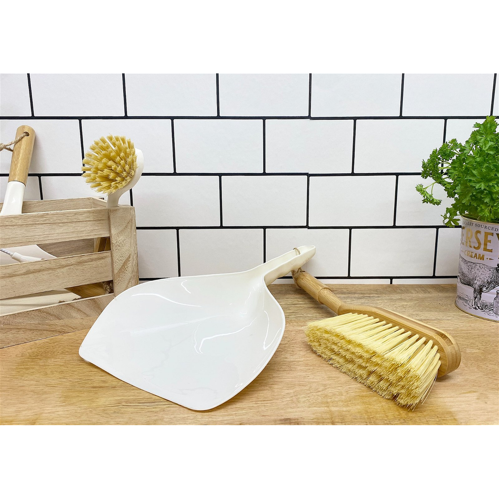Cream Dustpan & Bamboo Wooden Brush
