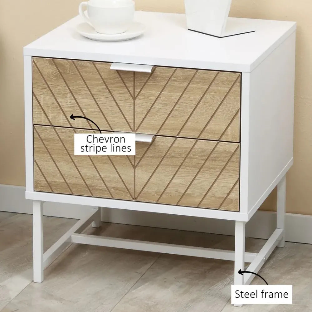Modern Bedside Table with 2 Drawers — White and Oak