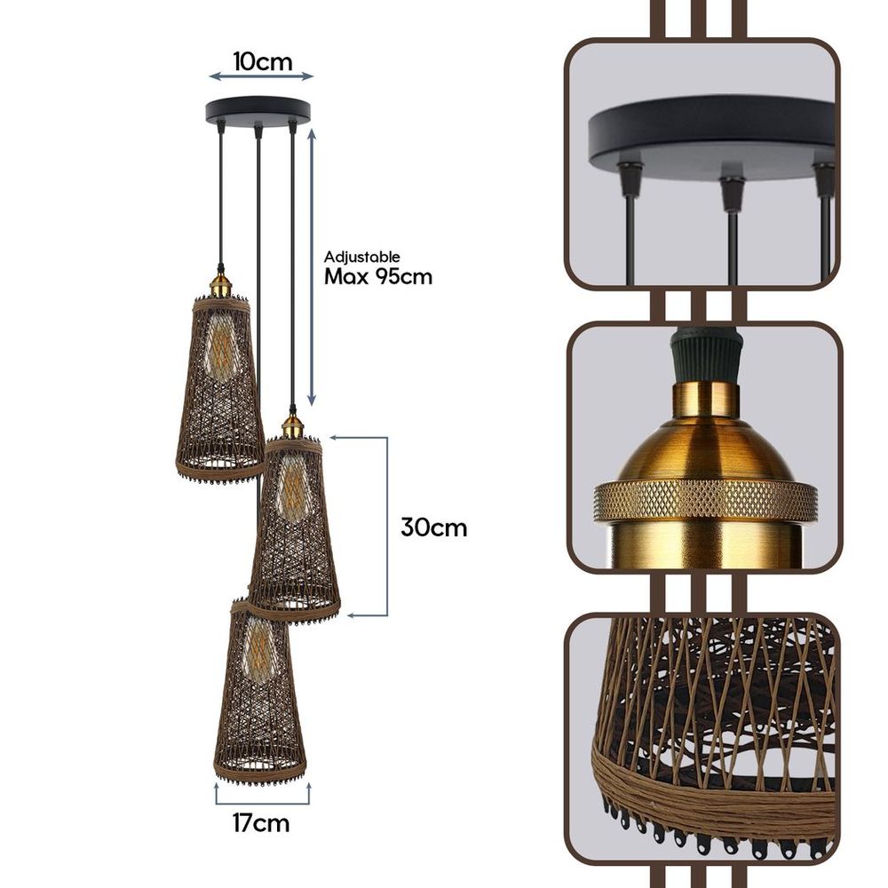 3 Head Natural Wicker Basket Rattan Ceiling Pendant