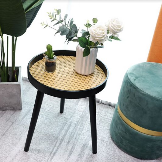 Cane Round Side Table — Black