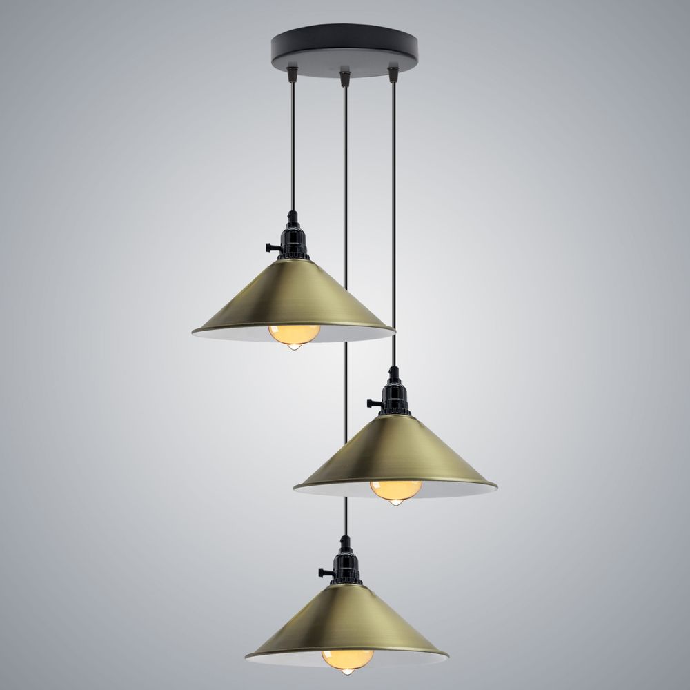Vintage Industrial 3 Head Pendant Light - Adjustable Cord, Cone Shaped Shade - E27 Base, Metal Fitting