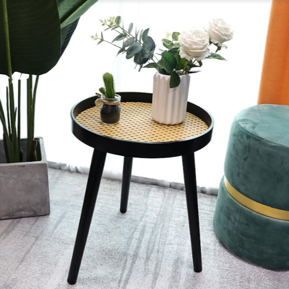 Cane Round Side Table — Black