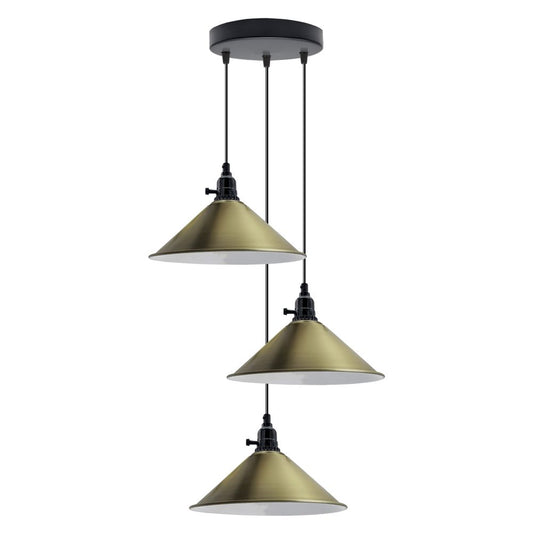 Vintage Industrial 3 Head Pendant Light - Adjustable Cord, Cone Shaped Shade - E27 Base, Metal Fitting